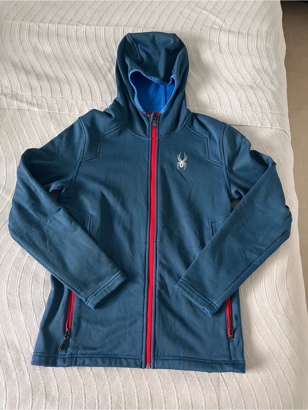 Spyder Teal Blue Hooded Performance Jacket with Red Zippers